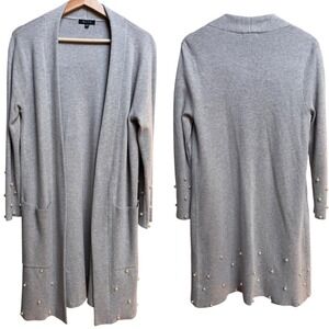 BLVD Womens Open Front Longline Cardigan Pearl Embellished Sz S/M Teacher Career
